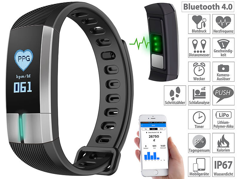 ; Fitness-Armband mit Blutdruck- und Herzfrequenz-Anzeigen, Bluetooth 